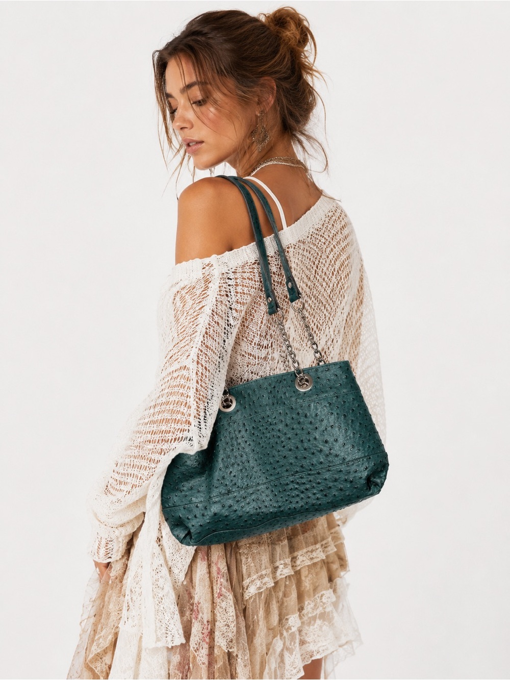 Vintage Kelly & Katie Dark Green Leather Boho Shoulder Bag with Silver Hardware